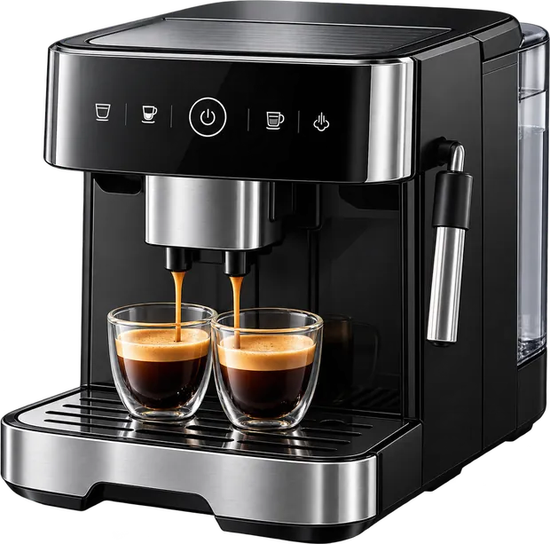 Cafetera espresso sirviendo dos cafés
